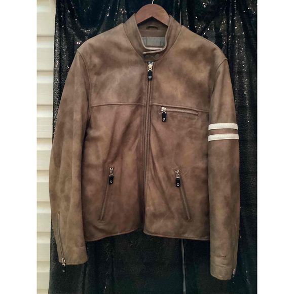 Wilson M. Julian Jacket Men Size M Brown Biker Leather Lined Sleeve Dual Stripes - Picture 1 of 9